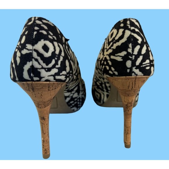 Christian Siriano Womens Size 8.5 Black and Cream Print, Cork Heels, Peep Toe - Picture 10 of 14